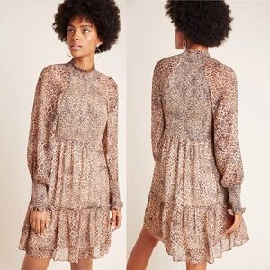 Anthropologie ML Monique Lhuillier Smocked Mini Dress Women Leopard Print 10